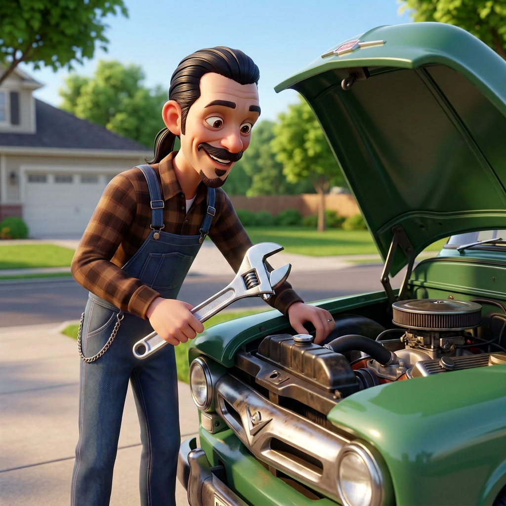 Charles working under the hood of a green pickup truck with a wrench