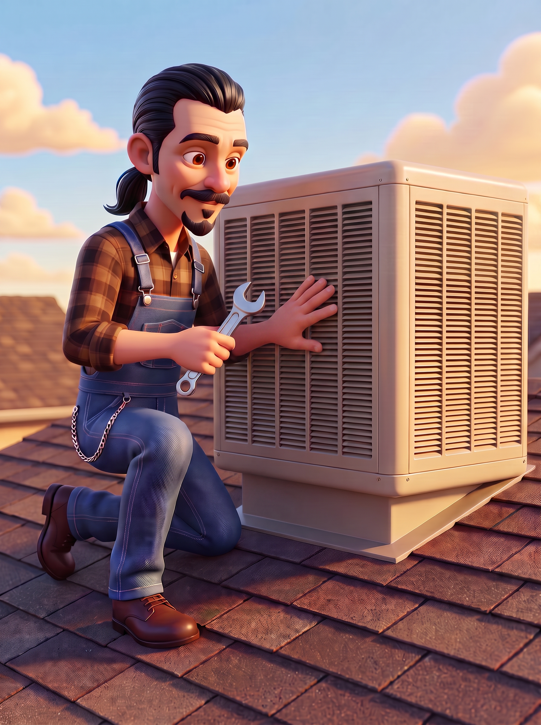 Charles on a rooftop holding a wrench next to a swamp cooler unit