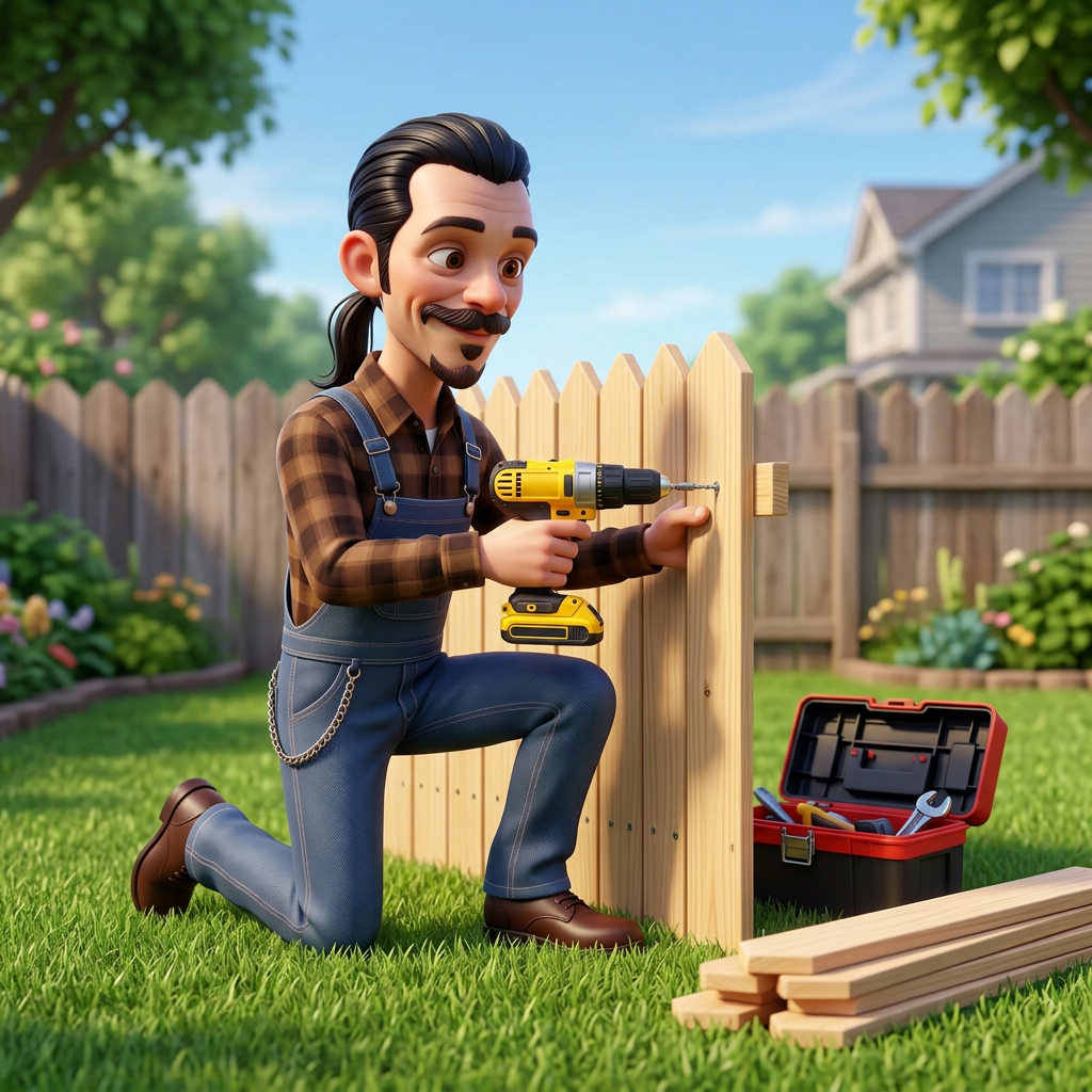 Charles kneeling and hammering a new picket into a wooden fence
