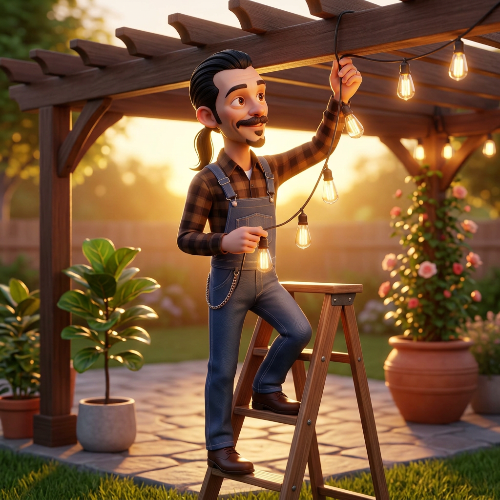 Charles on a step ladder hanging string lights along a backyard fence