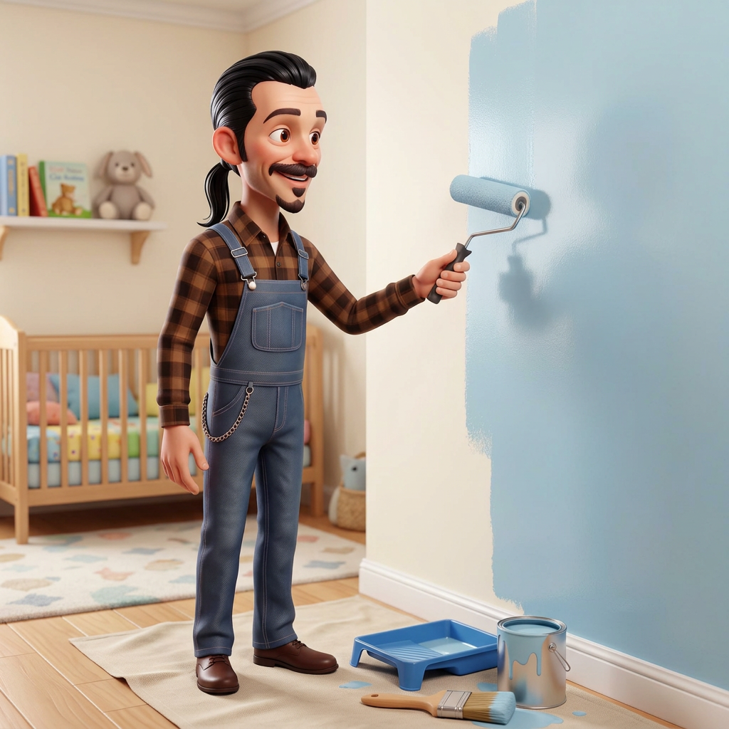 Charles painting a nursery wall soft teal with a roller