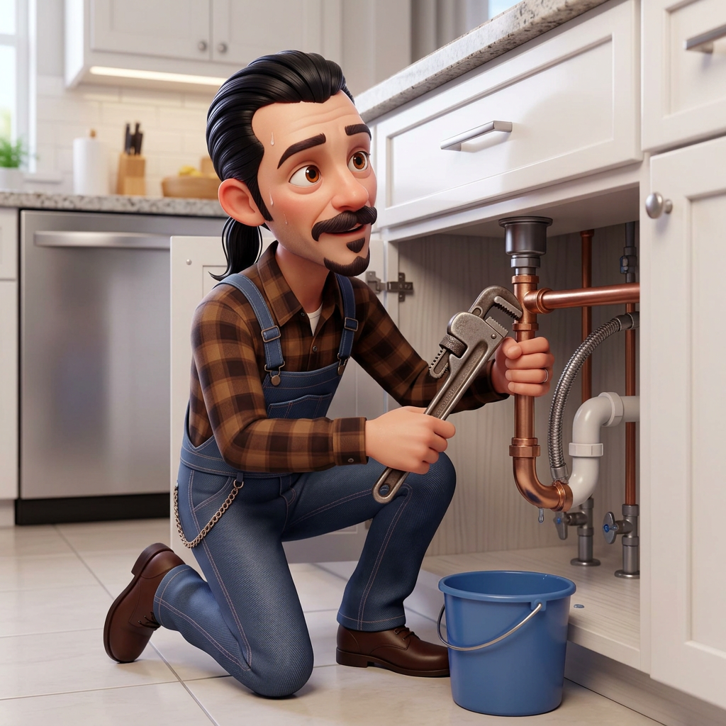 Charles kneeling under a kitchen sink tightening a pipe with a wrench